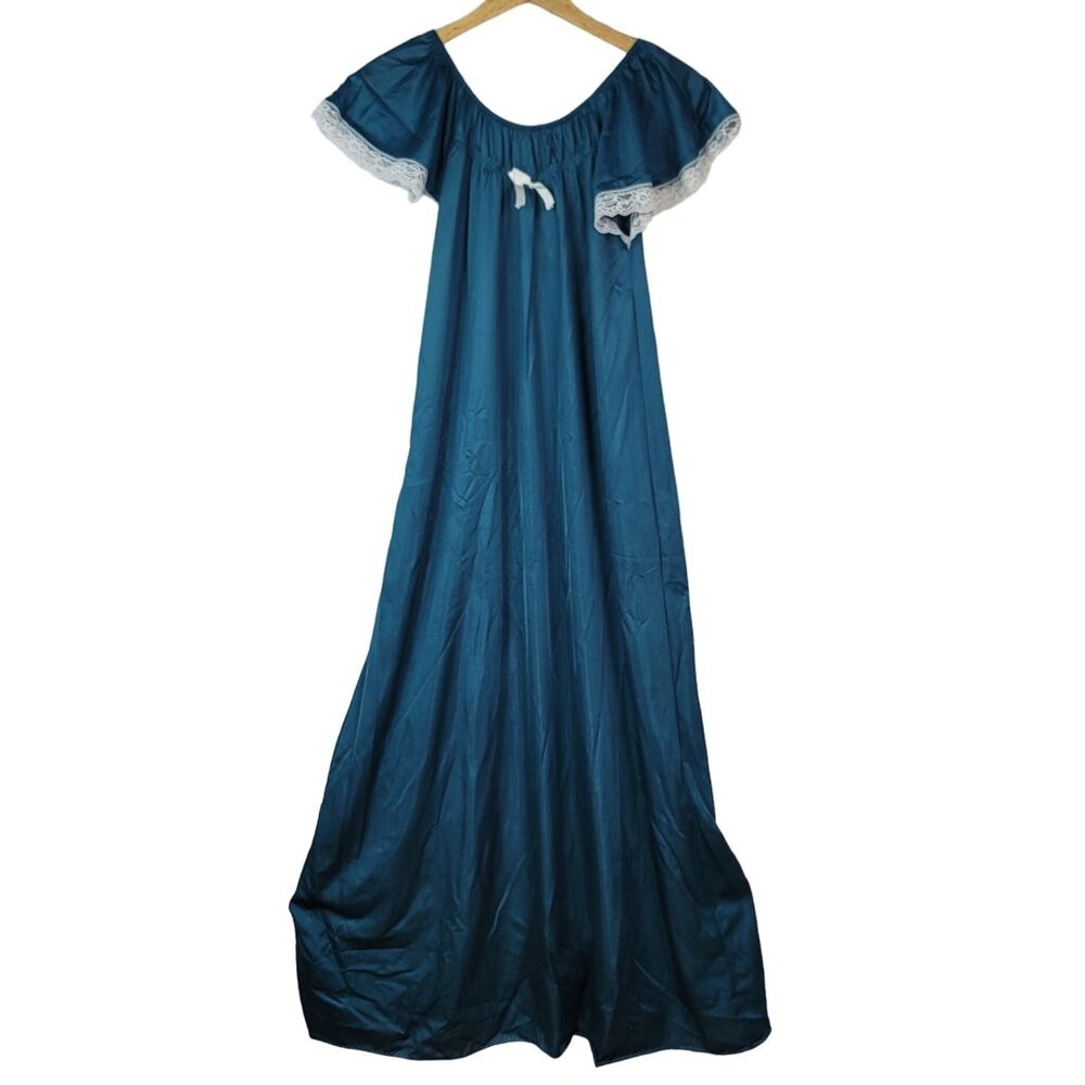 Dream Wear Nylon NIghtgown Blue Green Medium Lace Trim Lingerie USA Elastic VTG